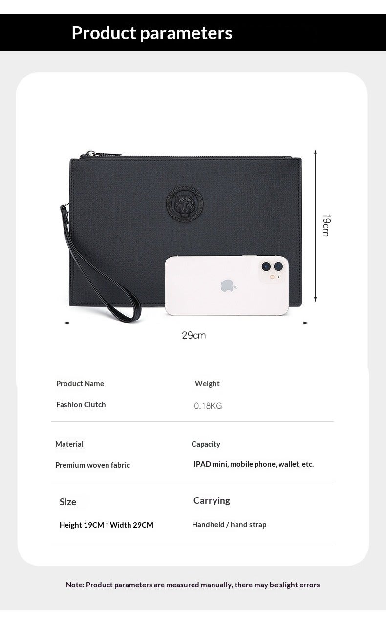 maffick Men’s Luxury Clutch Bag with Embossed Tiger Logo - Large Capacity Business Wristlet for iPad Mini, Phone & Cash - Waterproof PVC Woven Texture Handbag (29cm x 19cm) - Black - Image 2